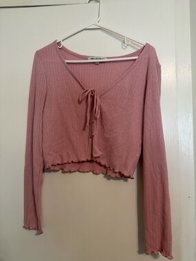 Wallflower Pink Ribbed Crop Top with Tie-Front